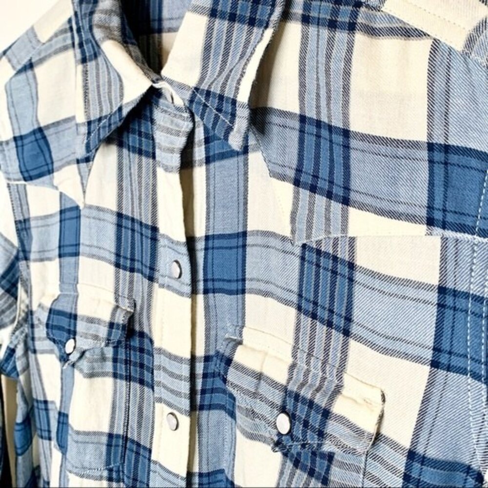 Chaps Pearl Snap Western Blue Plaid Button Down Flannel Shirt M - Picture 3 of 11